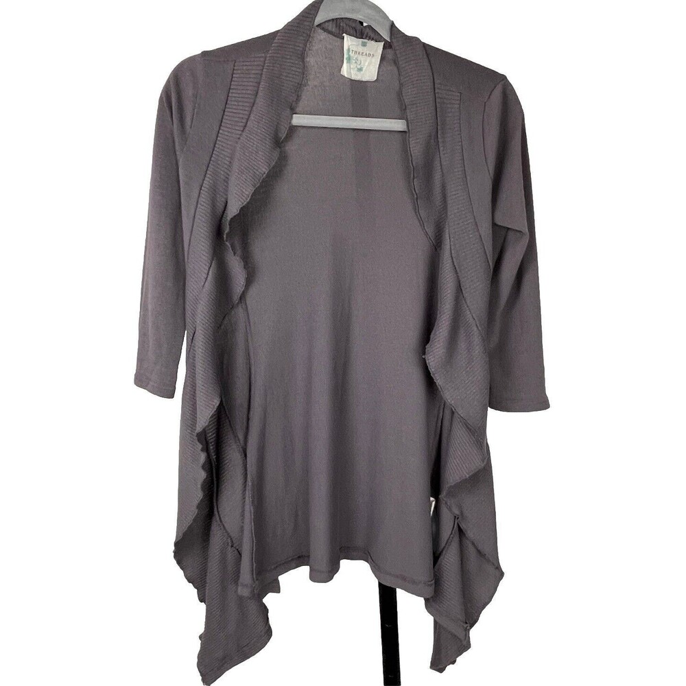 Threads Sweater‎ Cardigan Open Draping Ruffle Shawl Collar Smoky Purple Small